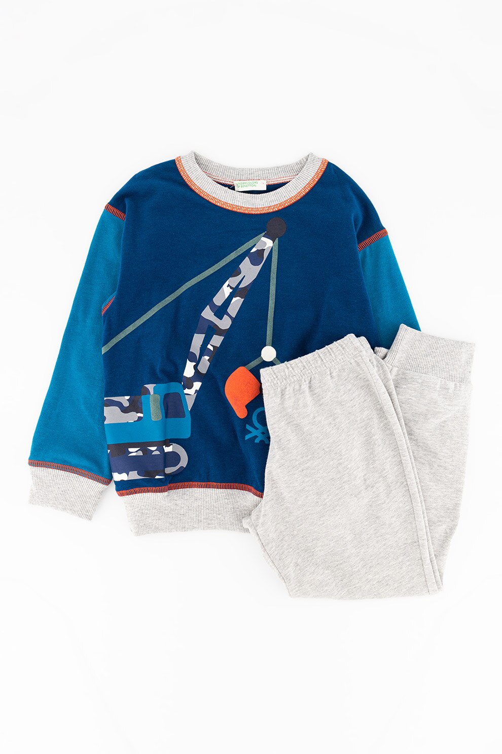 United Colors of Benetton Underwear, Pijama cu decolteu la baza gatului, de jerseu, Bleumarin/lbastru petrol/Gri melange