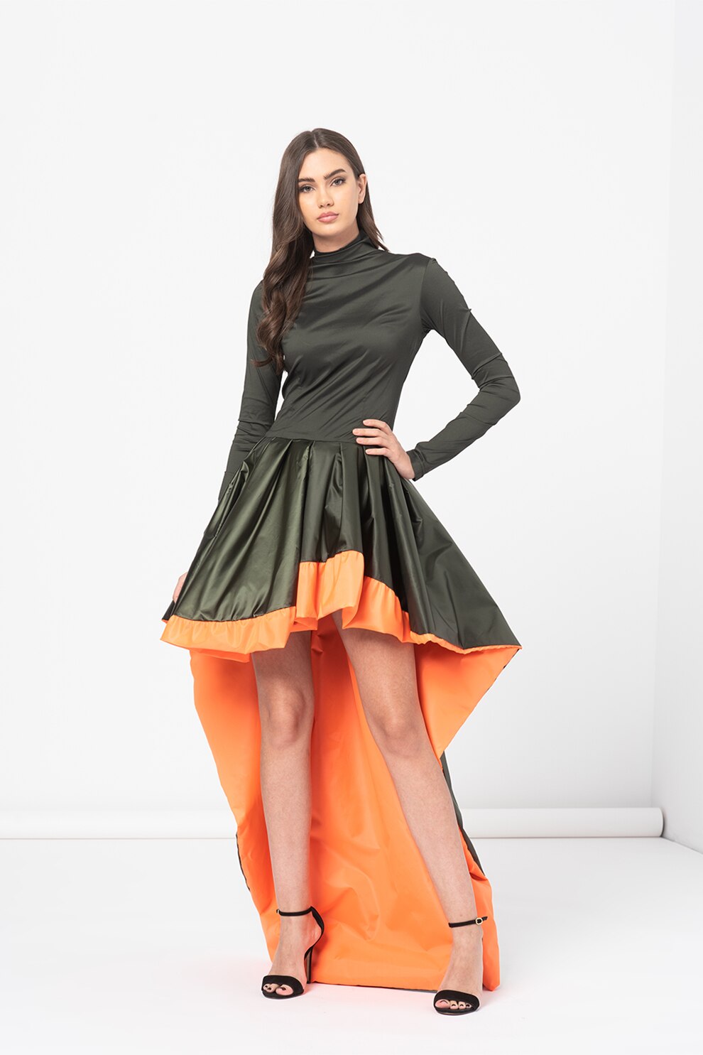 Amazing, Rochie asimetrica cu model colorblock, Verde/Portocaliu, S