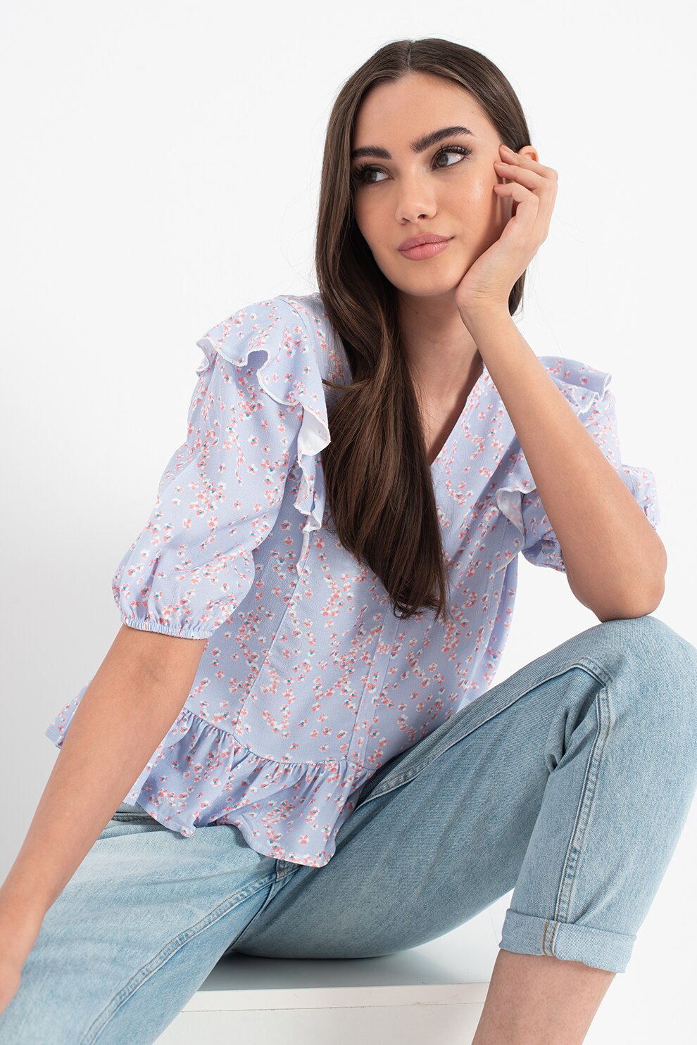 OVS, Bluza cu imprimeu floral si volane, Albastru lavanda/Alb/Corai