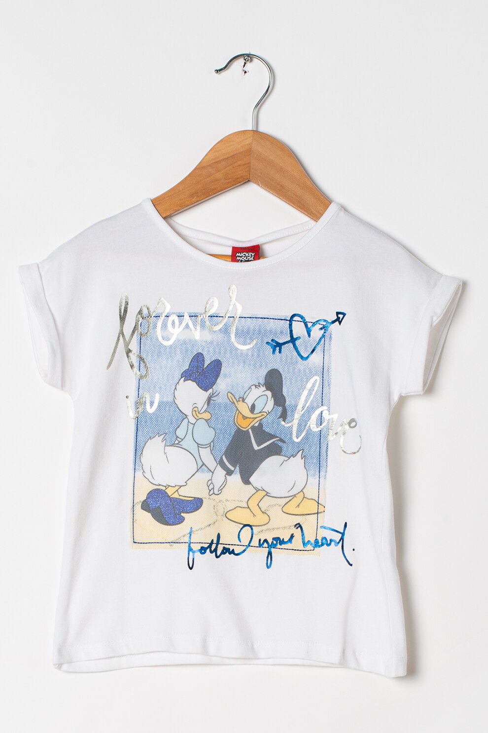 OVS, Tricou cu decolteu la baza gatului si imprimeu Disney, Alb/Albastru/Argintiu