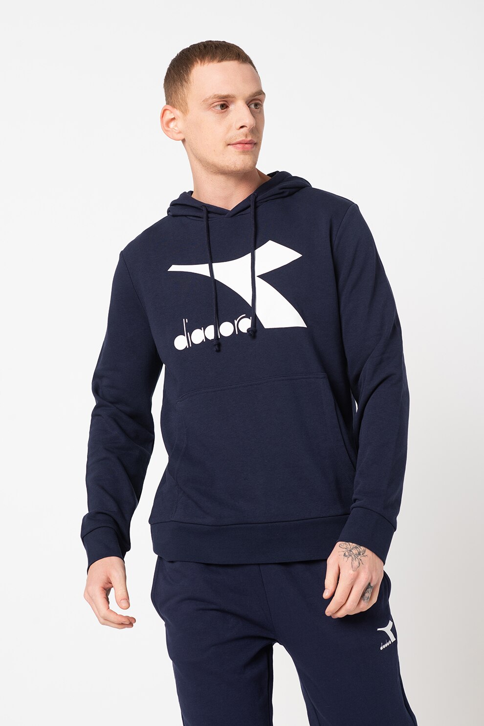 Diadora, Hanorac din amestec de bumbac organic cu imprimeu logo, Bleumarin/Alb