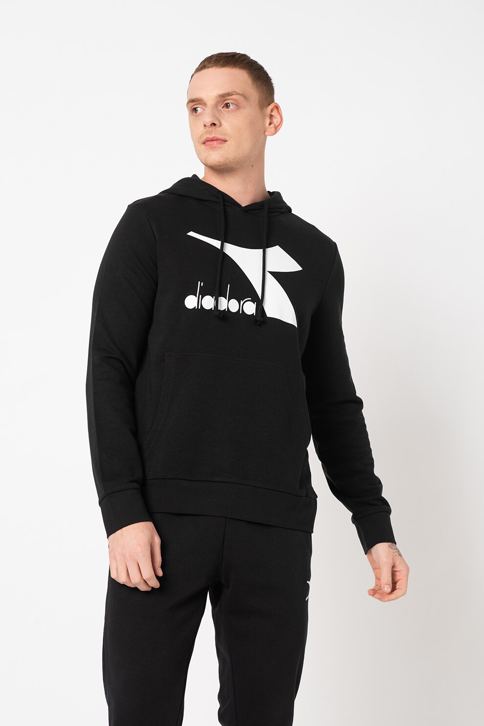 Diadora, Hanorac din amestec de bumbac organic cu imprimeu logo, Negru/Alb