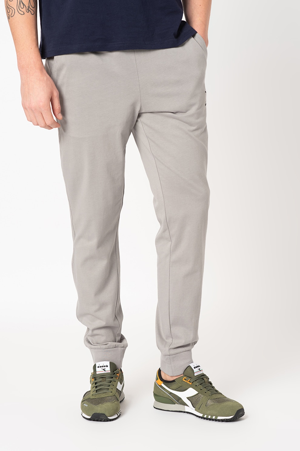 Diadora, Pantaloni sport de bumbac organic cu logo Core, Gri deschis