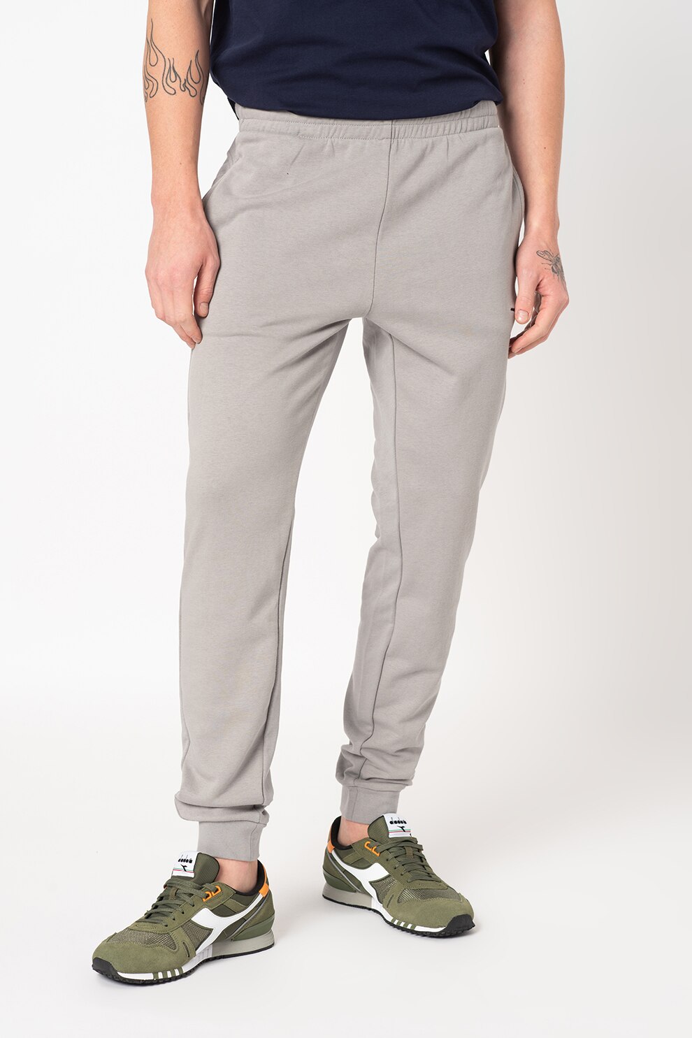 Diadora, Pantaloni sport din amestec de bumbac organic cu logo Core, Gri cenusa