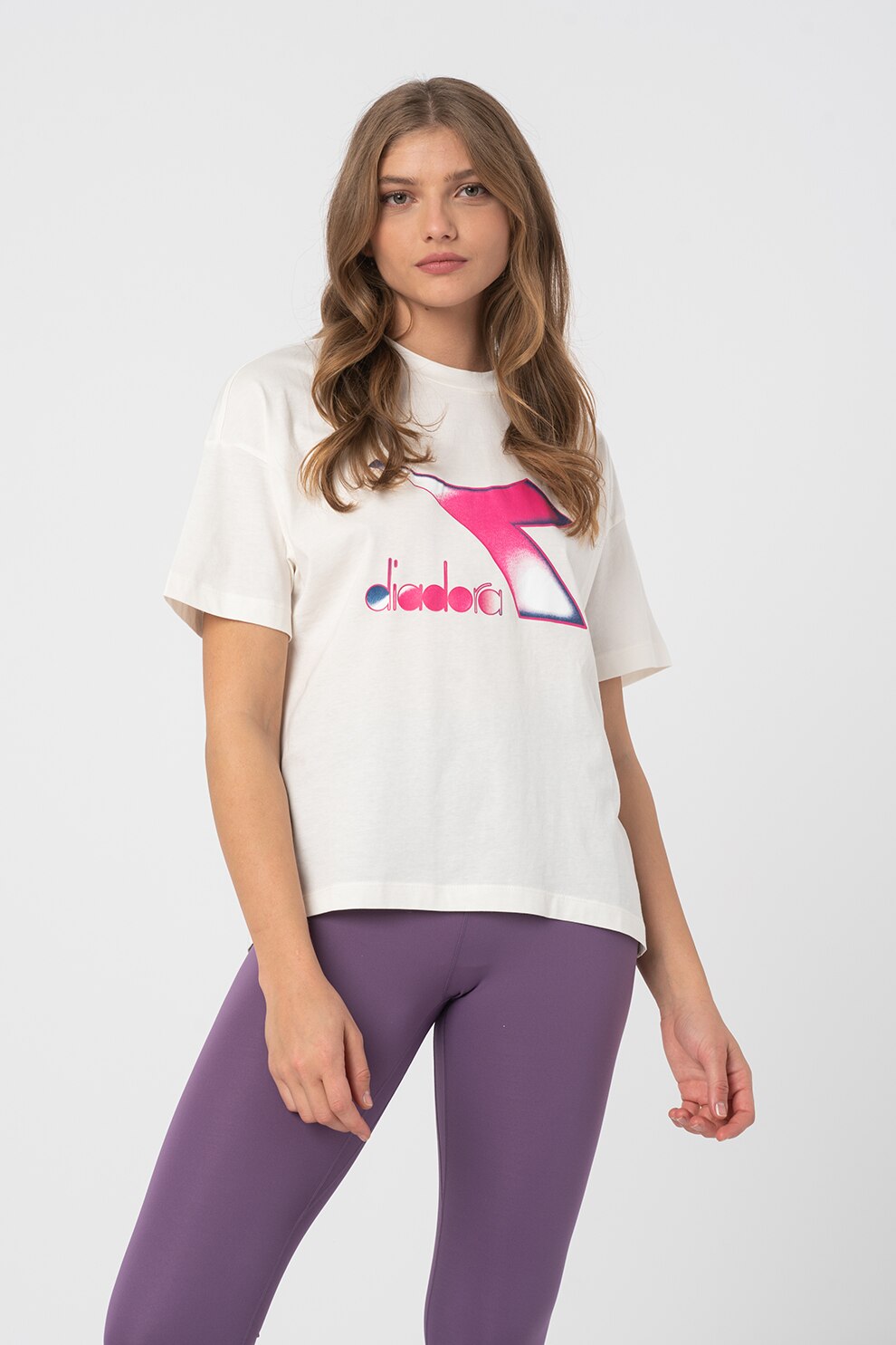 Diadora, Tricou de bumbac organic cu imprimeu logo Lush, Alb prafuit/Roz aprins
