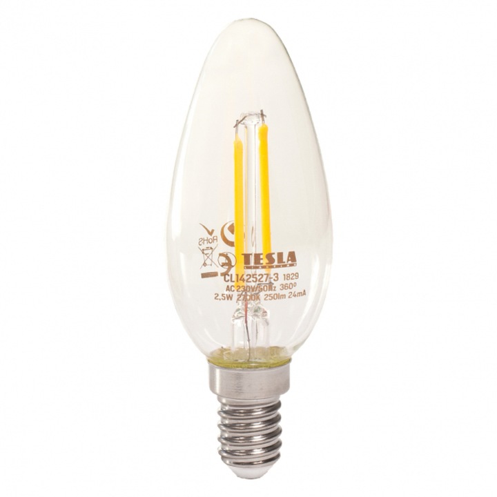 LED крушка тип „свещ“, Tesla, РЕТРО ФИЛАМЕНТ, E14, 2.5W, 230V, 250lm, 2700K, 360°, прозрачна