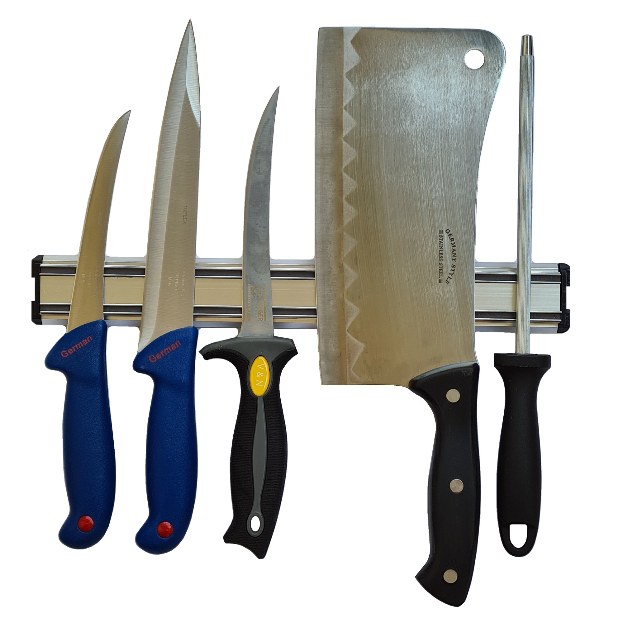 Kit Profesional macelar, 3 cutite, injunghiat, filitat, dezosat, GRM3, Masat, Satar 800 g si suport magnetic otel inoxidabil