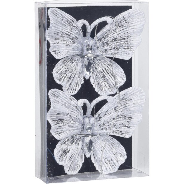 Set 2 decoratiuni brad, fluture, 11 cm, alb