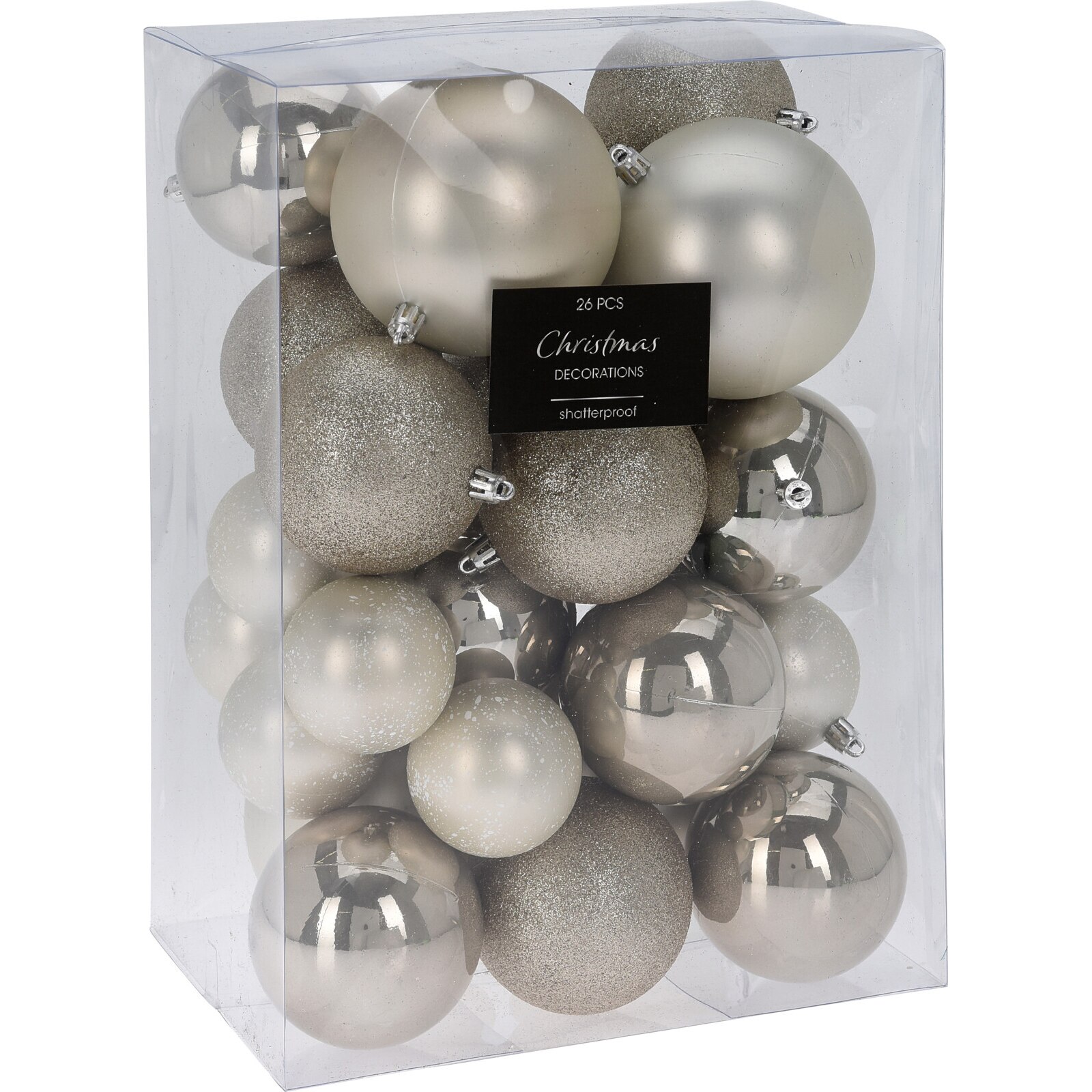 Set 26 globuri home&styling, plastic, dimensiuni asortate, sampanie/argintiu