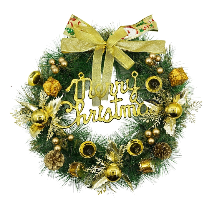 Karácsonyi koszorú ajtóra, Zöld/Arany, 40 cm, PVC, Mesterséges, Dekorált, Beltéri/Kültéri, Flippy