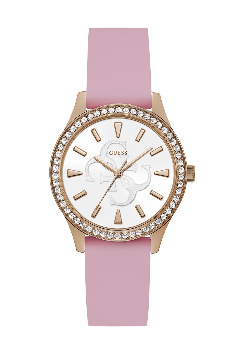 Guess, Ceas cu o curea de silicon si cristale, Auriu/Roz pastel