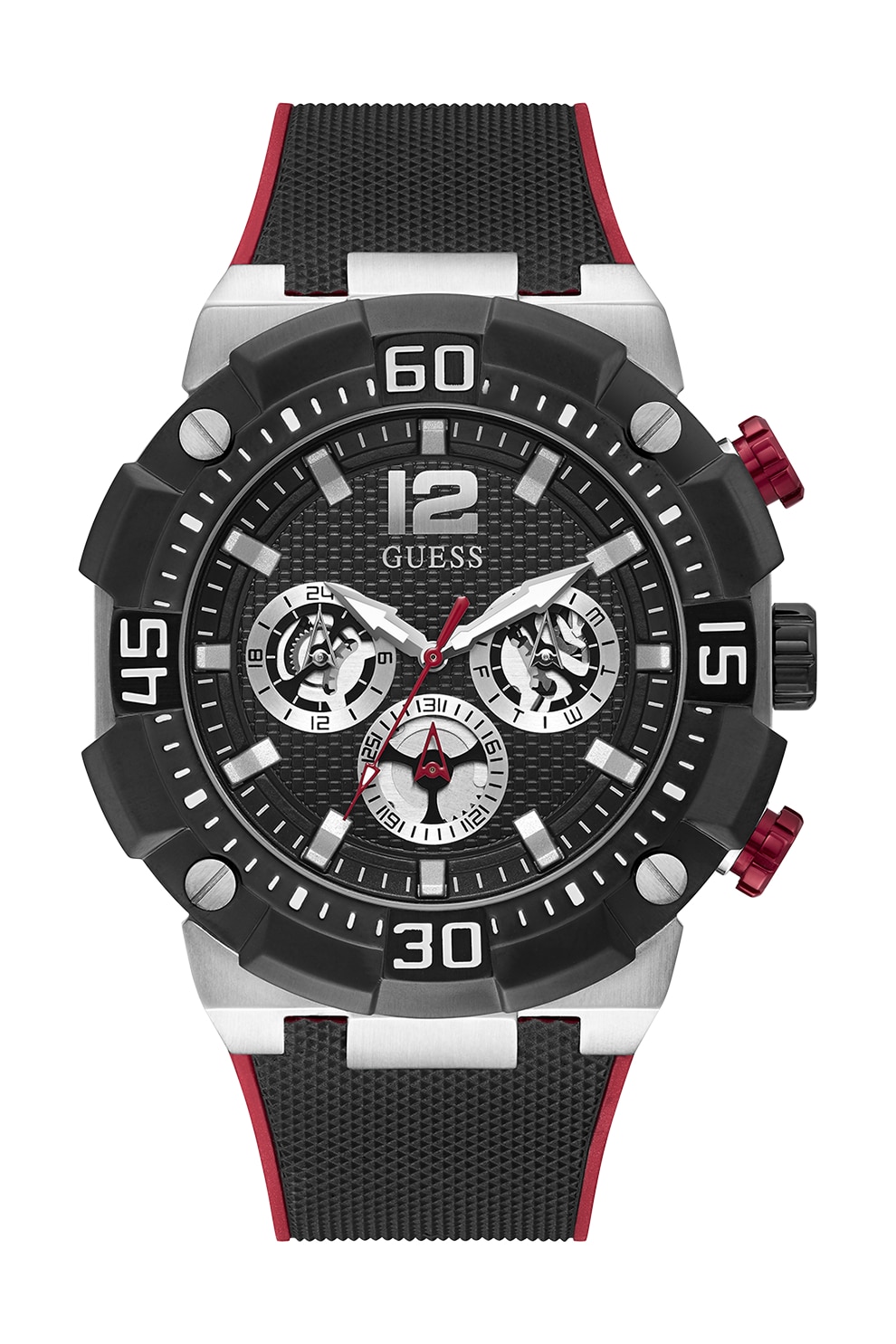 Guess, Ceas cu functii multiple, cu o curea de silicon, Negru/argintiu/rosu