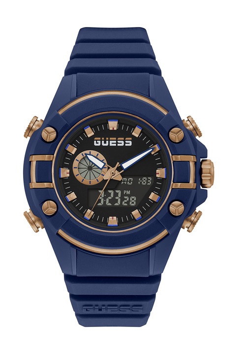 GUESS, Дигитален часовник със силиконова каишка, Тъмносин / Златист