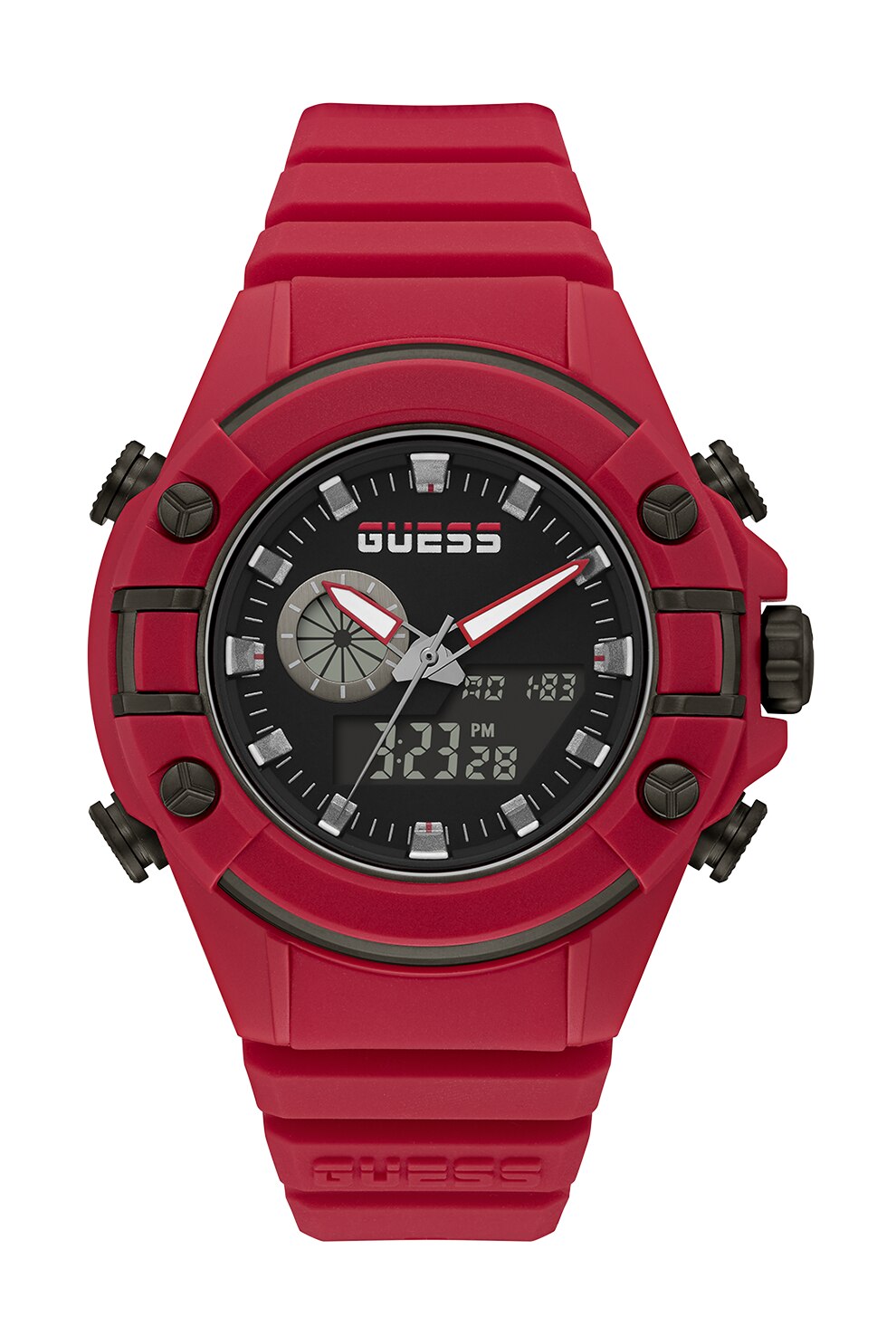 Guess, Ceas digital cu o curea de silicon, Rosu/Negru