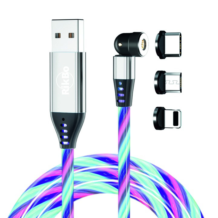 Cablu de incarcare rapida si transfer de date cu iluminare LED multicolora, 5pini, 3A magnetic RiKbo® 3 in 1 tip Lightning, Type-C, micro-USB rotatie 540 grade, Lungime 1 metru Alb