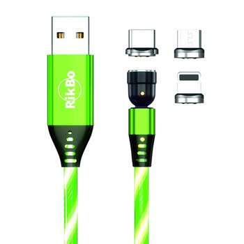 Cablu de incarcare rapida si transfer de date cu iluminare LED, 5pini, 3A magnetic RiKbo® 3 in 1 Lightning, Type-C , micro-USB rotatie 540 grade, Lungime 2 metri Verde Cablu de incarcare rapida si transfer de date cu iluminare LED, 5pini, 3A magnetic RiKbo® 3 in 1 Lightning, Type-C , micro-USB rotatie 540 grade, Lungime 2 metri Verde