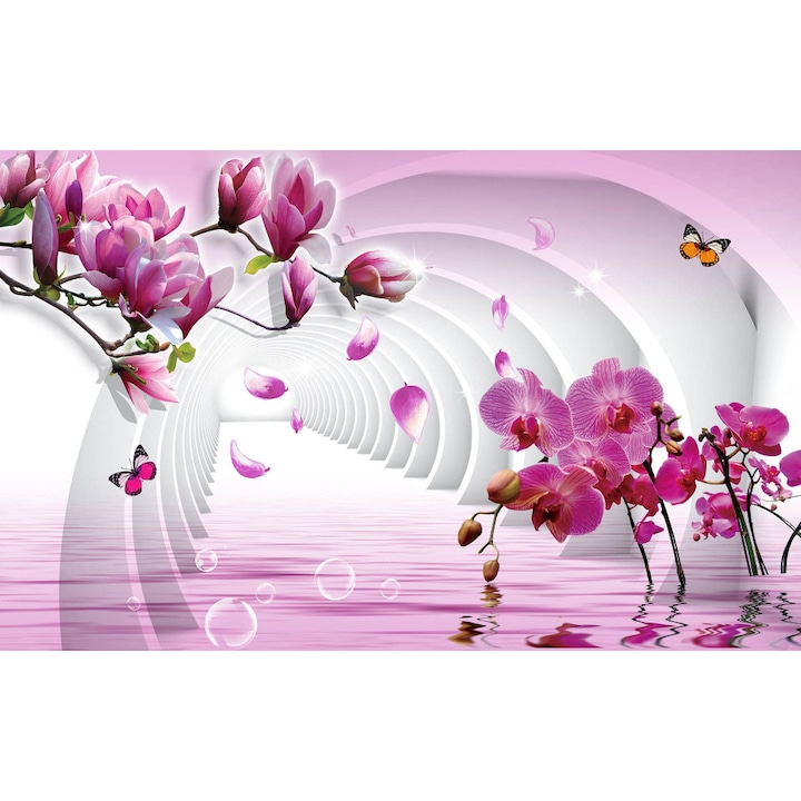Fototapet 3D, O magnolie roz infloreste pe un fundal 3D, Fantezie, Abstractie, Floral, 3D, Dormitor, Living, 400 x 250 cm