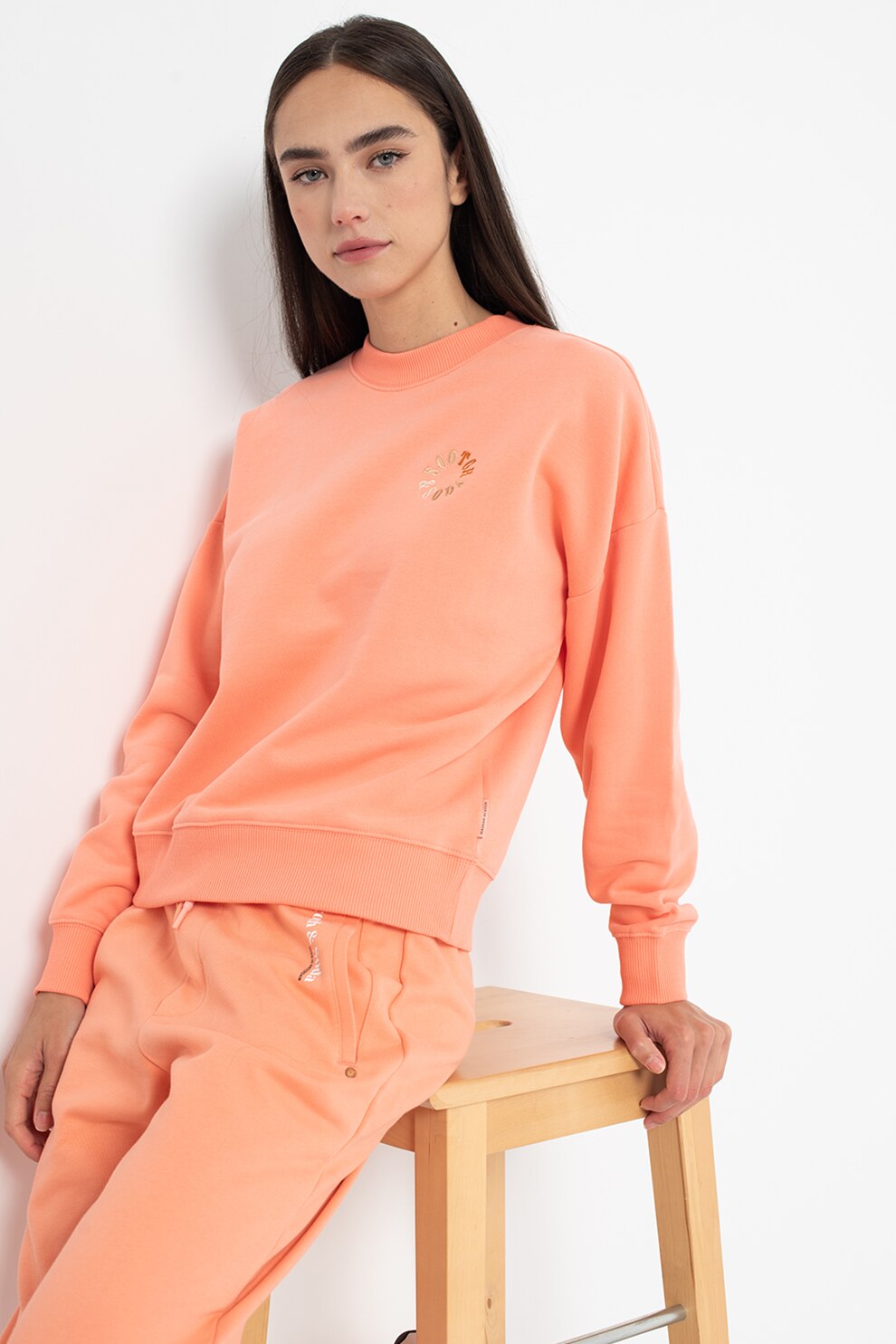 Maison Scotch, Bluza sport din bumbac organic cu decolteu la baza gatului, Roz/Gri