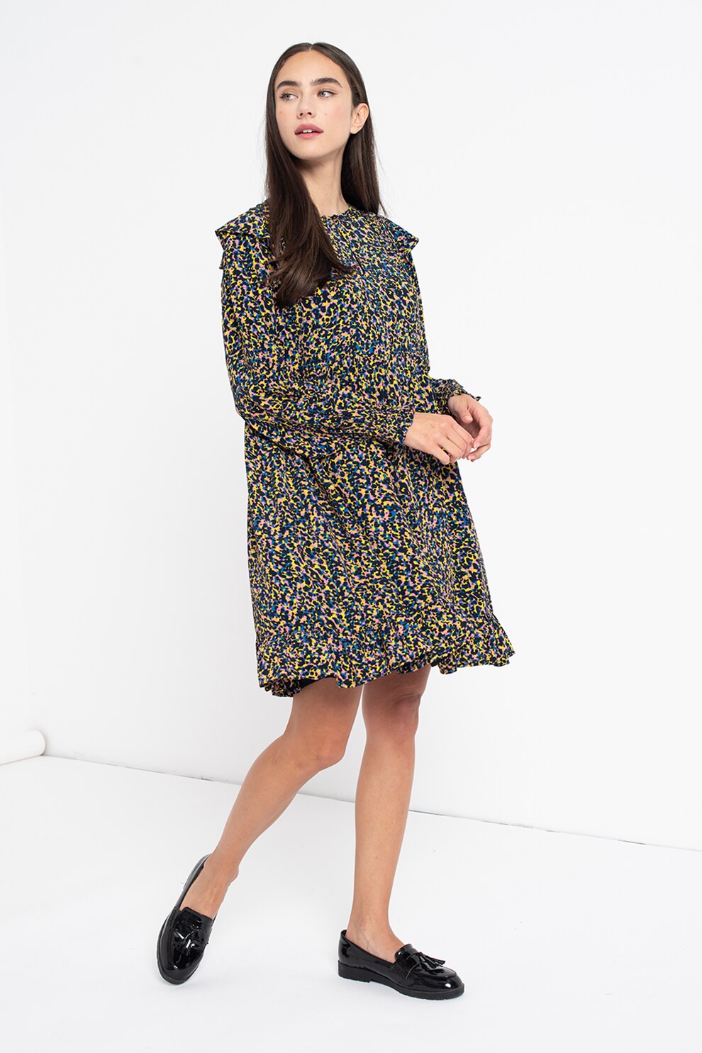 Maison Scotch, Rochie mini lejera cu imprimeu abstract, Bleumarin/Roz/Galben