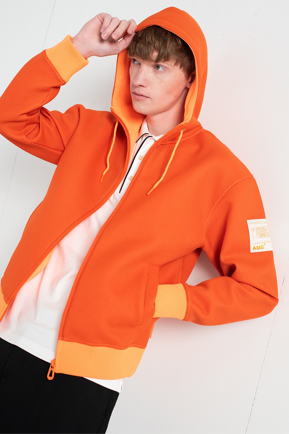 Scotch & Soda, Hanorac cu fermoar si buzunare frontale, oranj mandarina, oranj neon, L