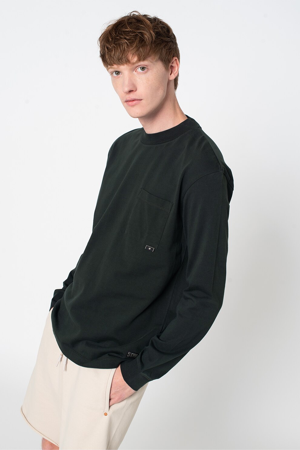 Scotch & Soda, Bluza de bumbac organic cu buzunar pe piept, Verde englez