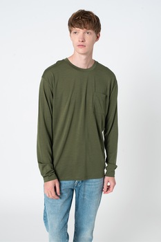 Scotch & Soda, Bluza de lana merinos cu buzunar pe piept, Verde feriga Scotch & Soda, Bluza de lana merinos cu buzunar pe piept, Verde feriga