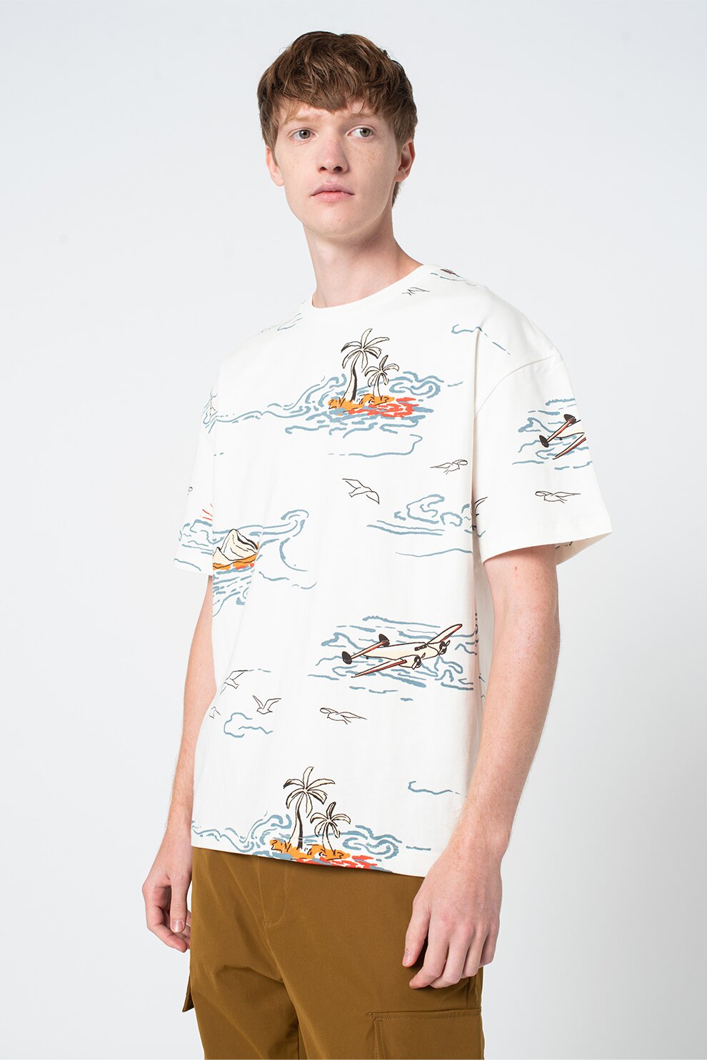 Scotch & Soda, Tricou cu imprimeu si decolteu la baza gatului, Alb/Negru/Albastru petrol