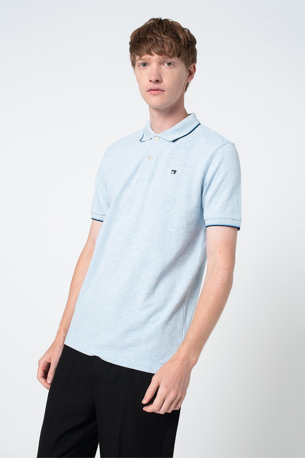 Scotch & Soda, Tricou polo de bumbac organic cu logo brodat, Albastru/Alb