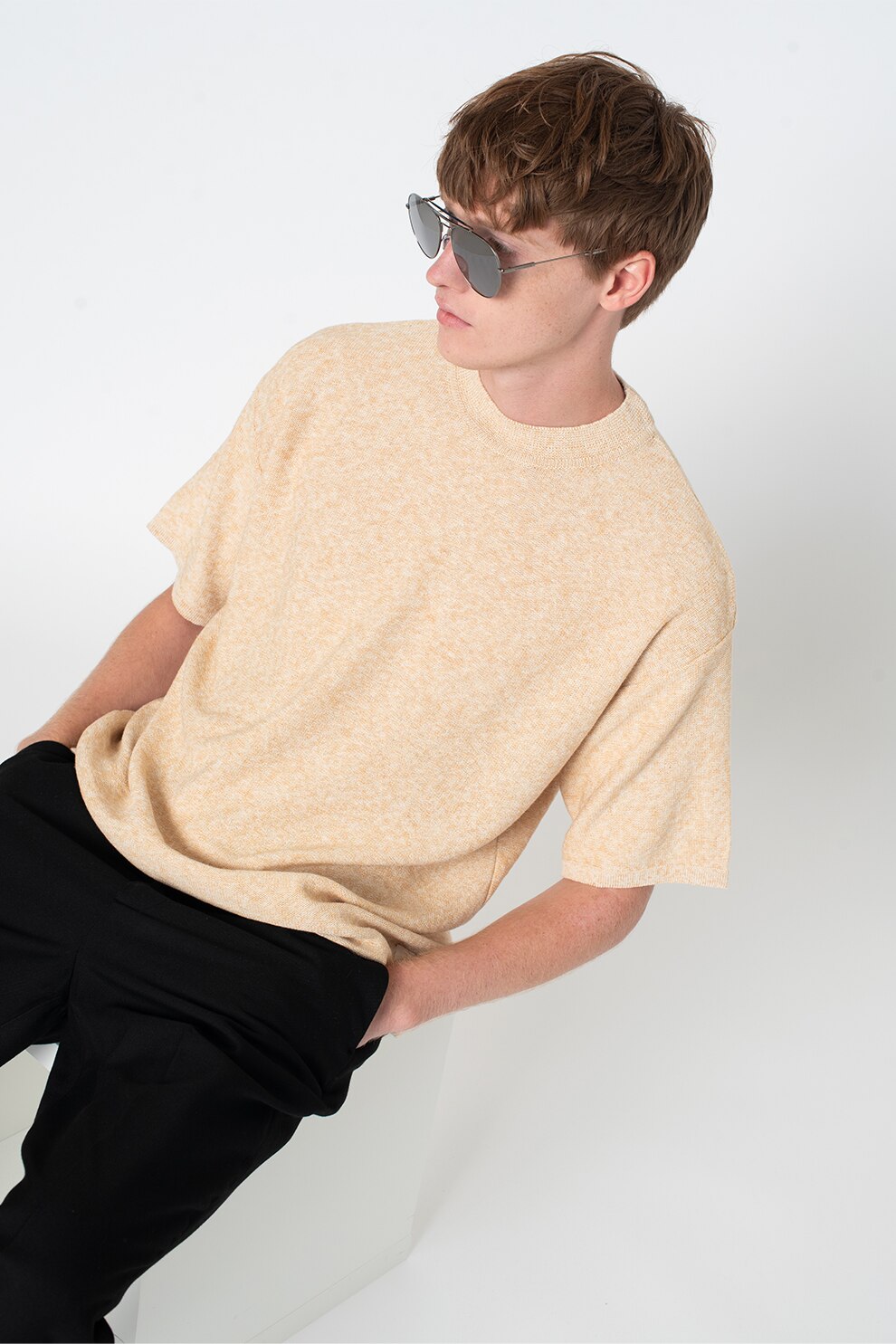 Scotch & Soda, Tricou din amestec de in cu umeri cazuti, Maro camel/Alb prafuit