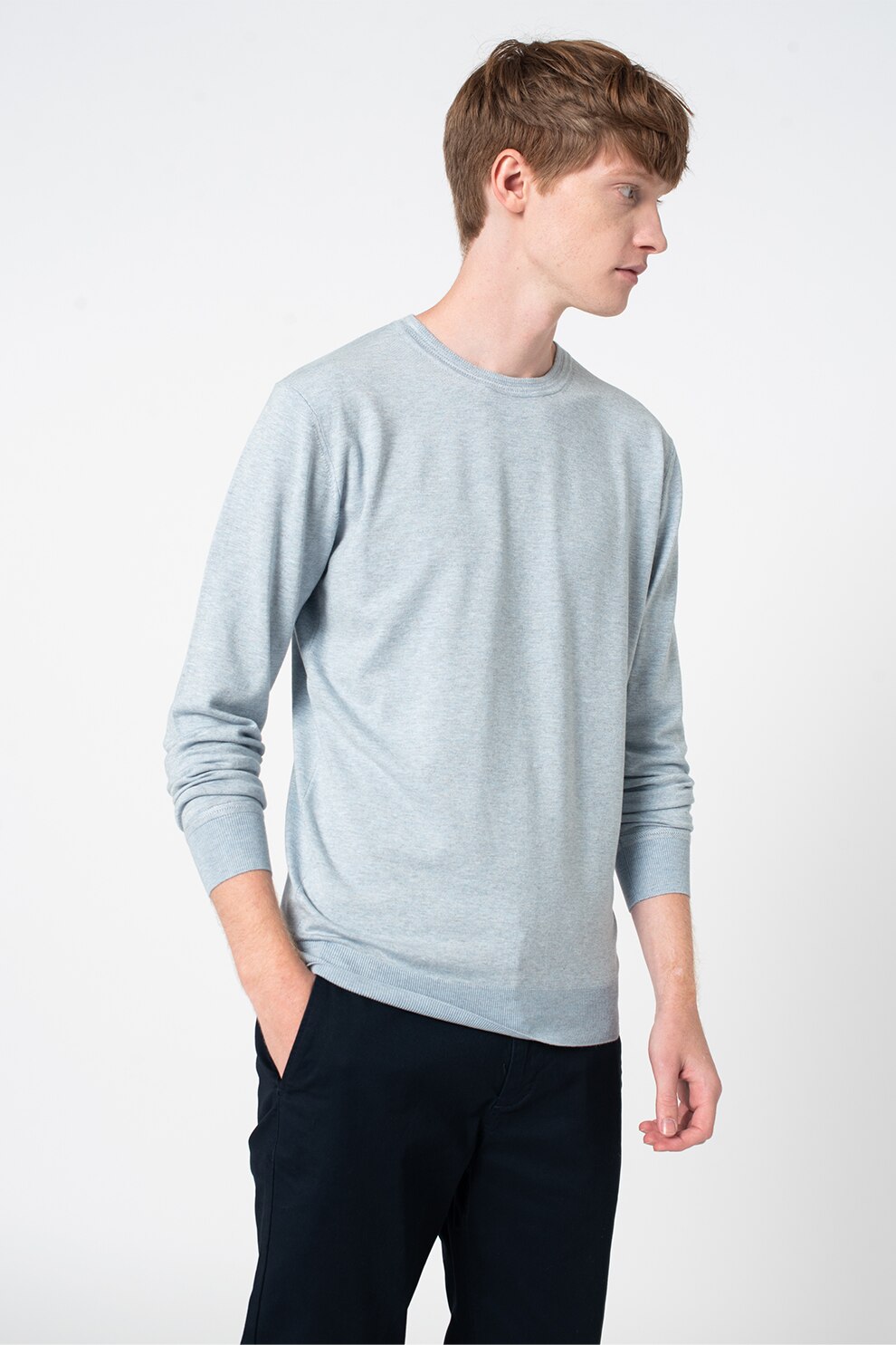 Scotch & Soda, Pulover tricotat fin cu decolteu la baza gatului, Albastru deschis