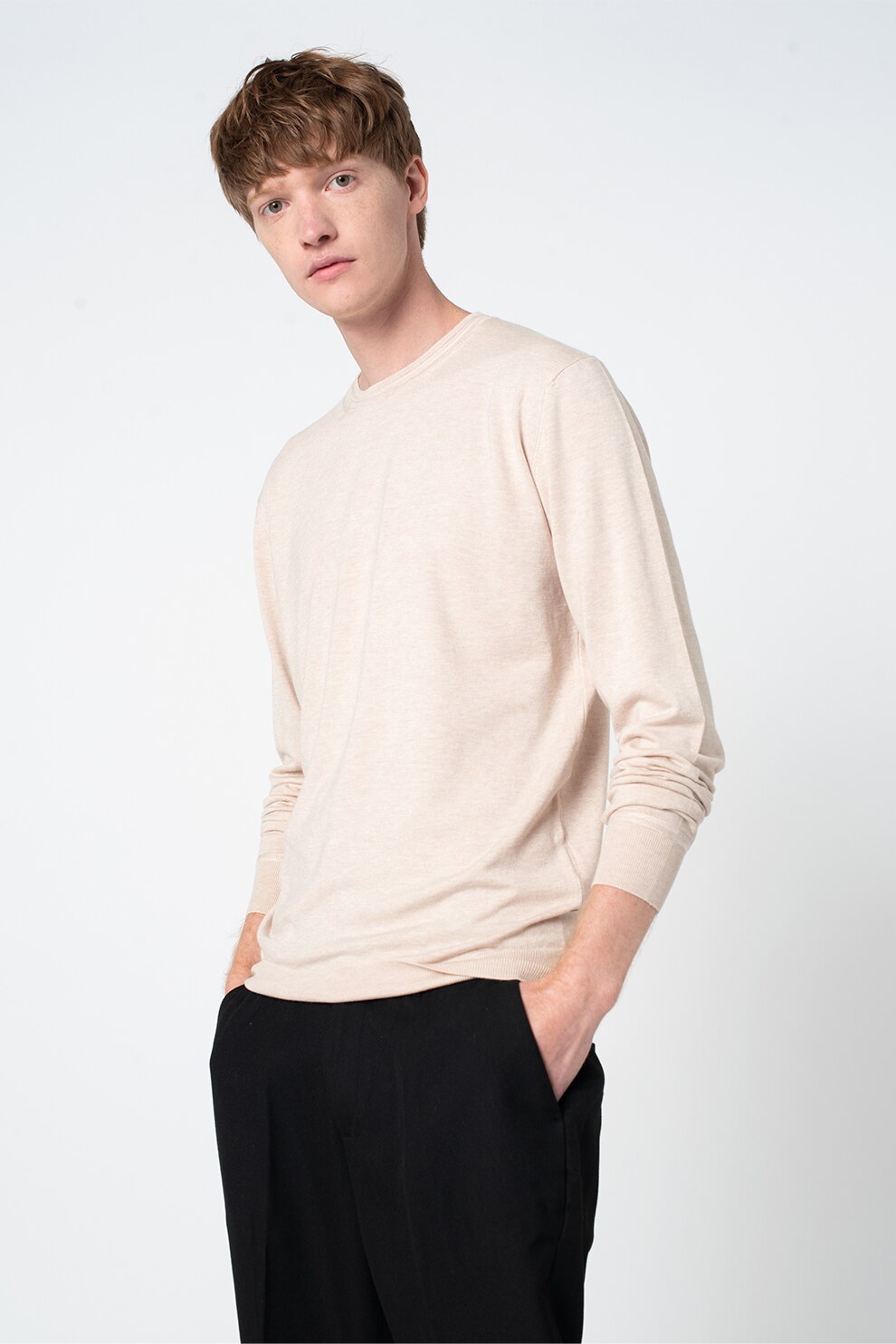 Scotch & Soda, Pulover tricotat fin cu decolteu la baza gatului, Maro nisip