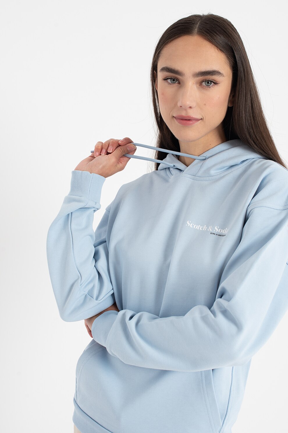 Maison Scotch, Hanorac din bumbac organic cu buzunar kangaroo, Albastru pastel