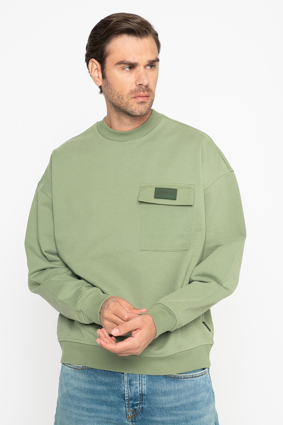 Scotch & Soda, Bluza sport de bumbac organic cu buzunar pe piept, Verde feriga