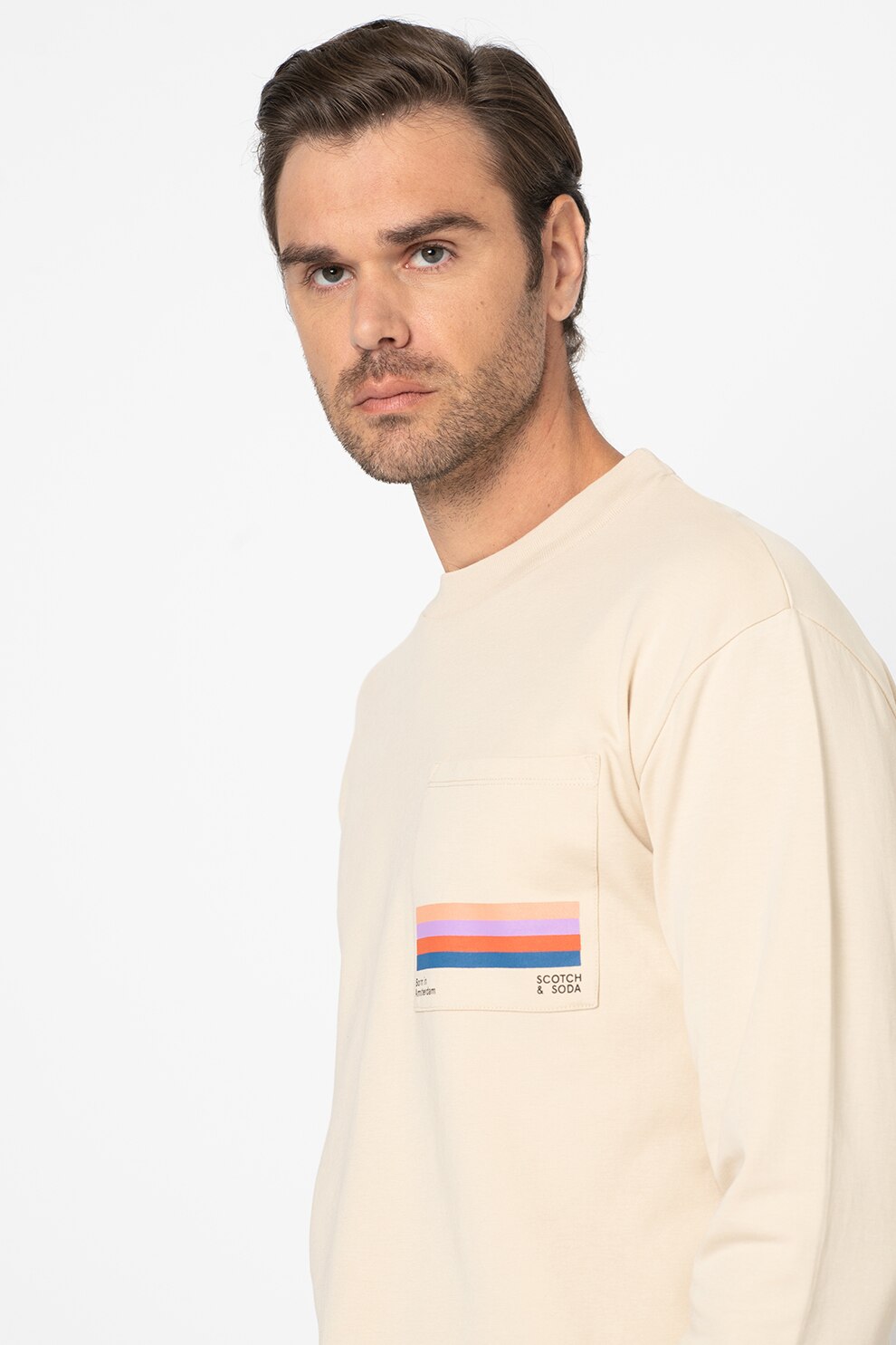 Scotch & Soda, Bluza sport din amestec de bumbac organic cu buzunar pe piept, Crem