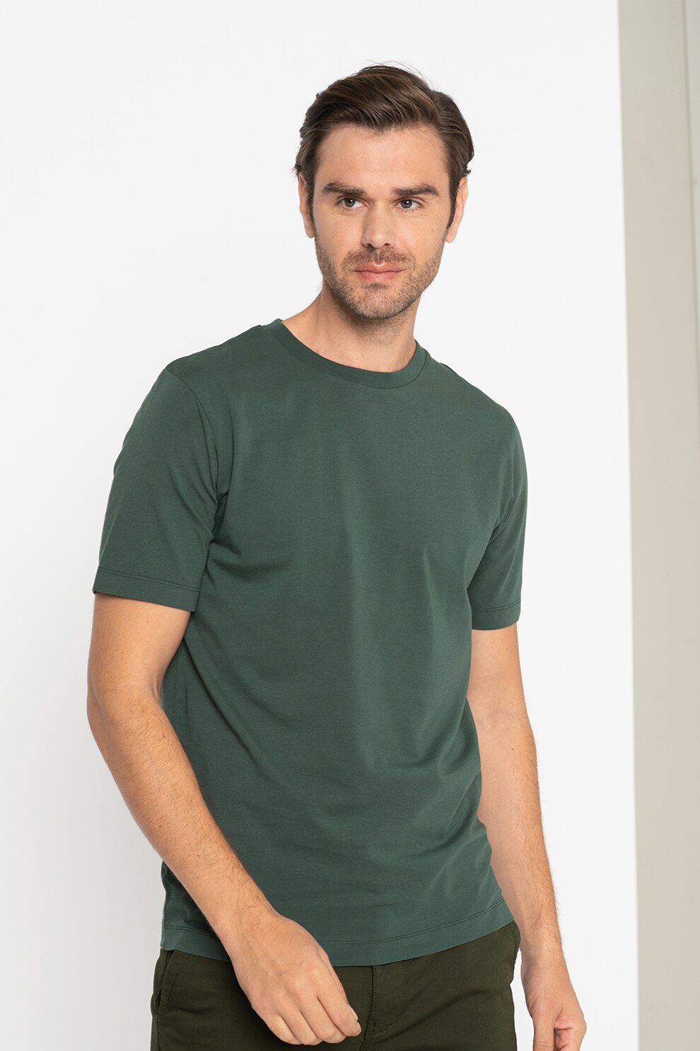 Scotch & Soda, Tricou de bumbac organic cu decolteu la baza gatului, Verde inchis