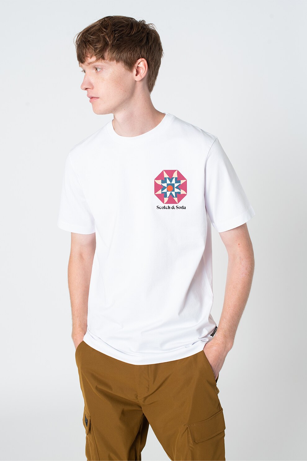 Scotch & Soda, Tricou de bumbac cu imprimeu, alb, violet tyrian, roz piersica