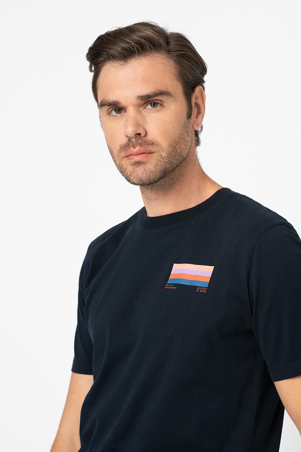 Scotch & Soda, Tricou de bumbac organic cu logo, Bleumarin inchis