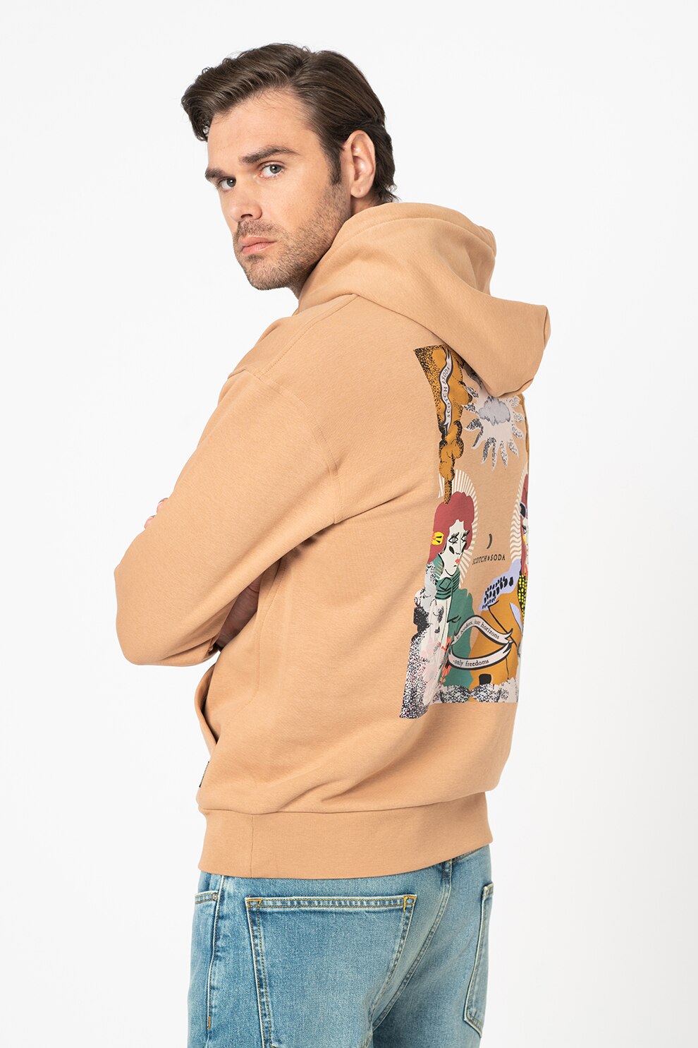 Scotch & Soda, Hanorac din amestec de bumbac cu imprimeu grafic, Camel/Albastru rafuit/Negru