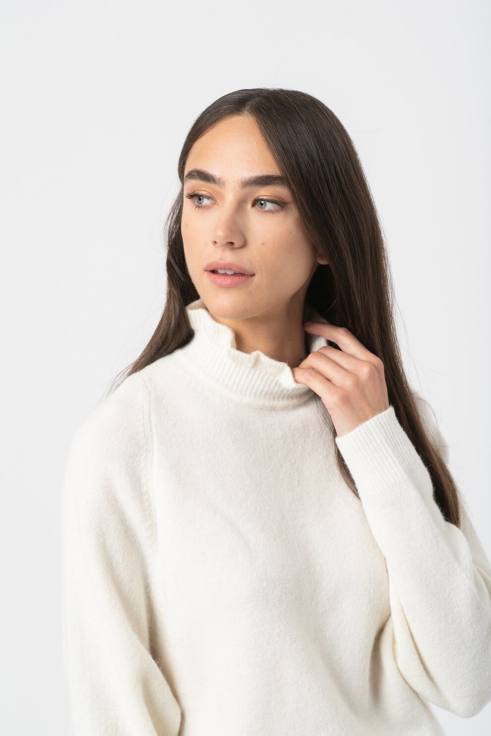 Maison Scotch, Pulover din amestec de lana alpaca cu guler cu volane, Alb prafuit