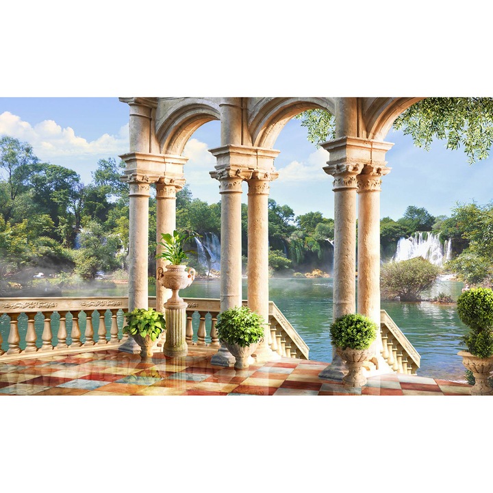 Fototapet, Terasa cu priveliste spre cascada, Cascada si lac, Munti si cer, Design modern, Living, Dormitor, 400 x 250 cm