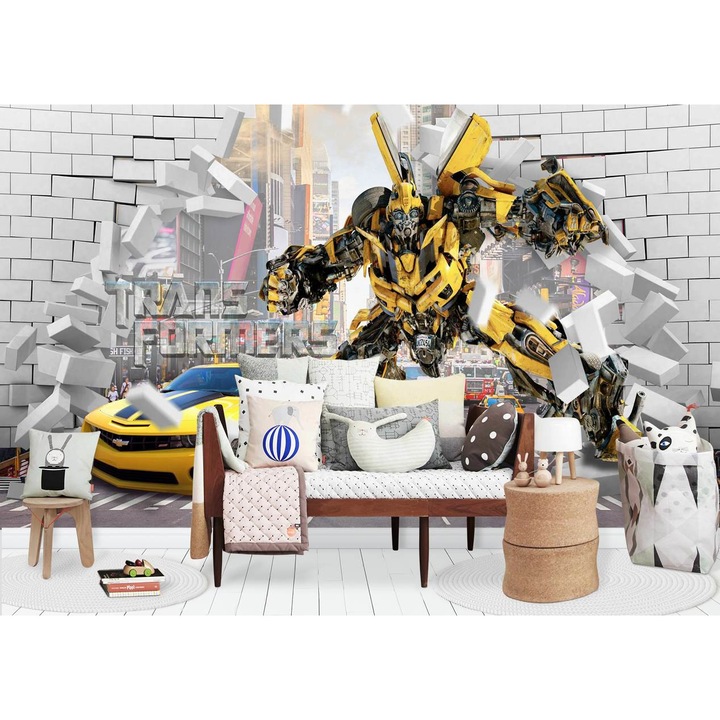 Fototapet , O masina si un robot galben, Efect 3D, 300 x 200 cm