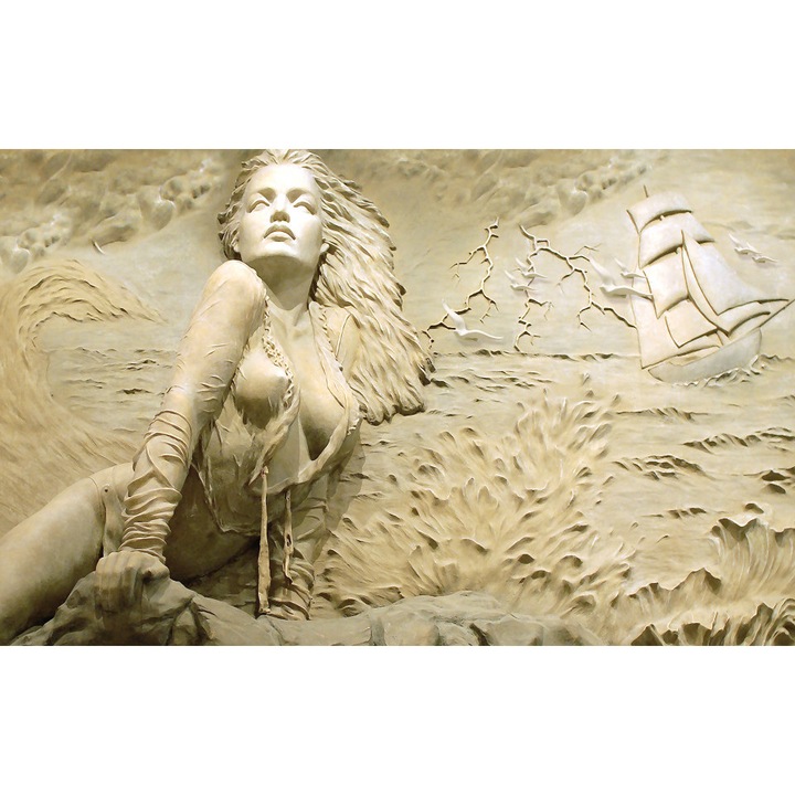 Fototapet 3D, Imitatie de tencuiala a unei fete pe fundalul marii, Fantezie, Abstractie, Floral, 3D, 200 x 150 cm