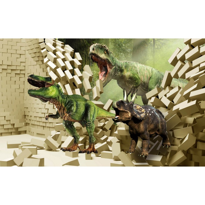 Fototapet 3D, Dinozauri verzi pe fundalul unui zid de caramida spart, Fantezie, Abstractie, Floral, 3D, 400 x 250 cm