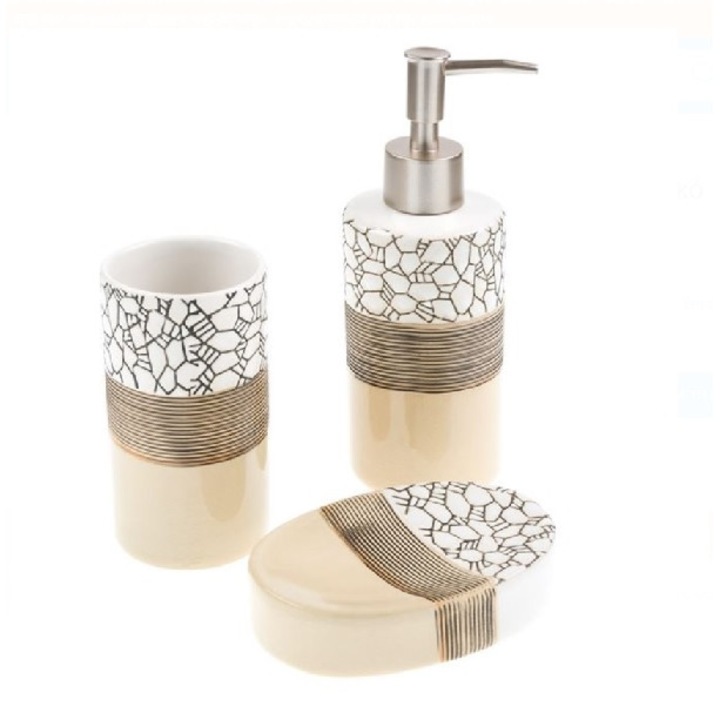 Set 3 accesorii baie din ceramica, M Deco, maro cu alb