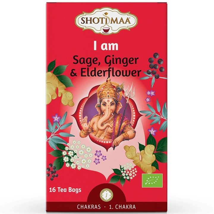 Shotimaa I Am tea, 1. chakra, zsálya, gyömbér és bio bodza, 16 tasak