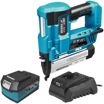 Capsator Dedra DED7053, capacitate 100 buc, lungime maxima cui 50 mm, acumulator 4 Ah, incarcator 18V Capsator Dedra DED7053, capacitate 100 buc, lungime maxima cui 50 mm, acumulator 4 Ah, incarcator 18V