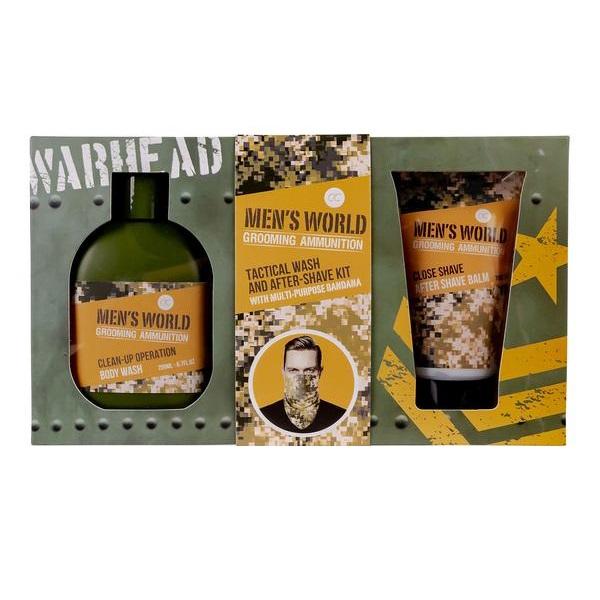 Set baie barbati Men's World, Gel de dus 200ml, After shave balsam 75ml, Masca fata imprimeu camuflaj