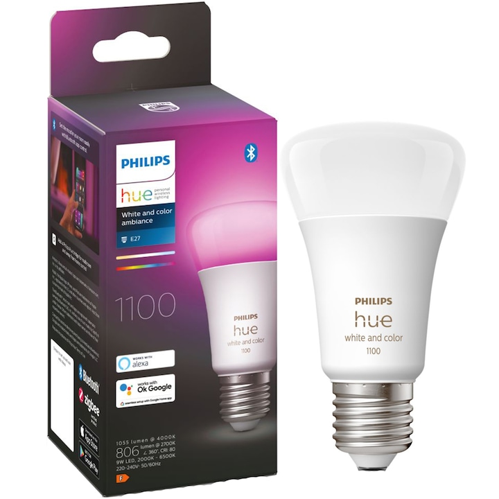 Bec LED RGB inteligent Philips Hue, Bluetooth, Zigbee, A60, E27, 9W (75W), 806 lm, lumina alba si colorata, clasa energetica F