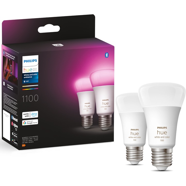 Комплект 2 интелигентни RGB LED крушки Philips Hue, Bluetooth, Zigbee, A60, E27, 9W (75W), 806-1100 лумена, Бяла и цветна светлина, Енергиен клас F