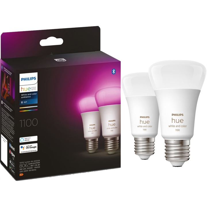 Pachet 2 becuri LED RGB inteligente Philips Hue, Bluetooth, Zigbee, A60, E27, 9W (75W), 806-1100 lm, lumina alba si colorata, clasa energetica F